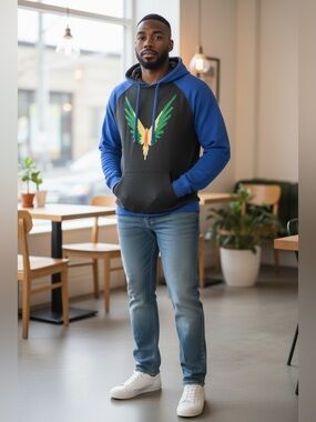 Maverick by Logan Paul Blue & Charcoal Pullover Hoodie with Green Wing Graphic